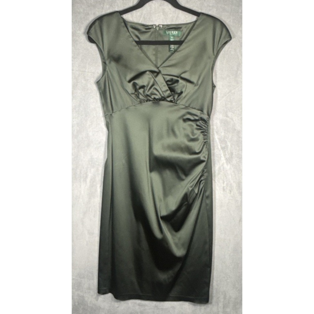 Lauren Ralph Lauren Dress Womens 8 Olive Green Ruched Sheath Stretch Cocktail